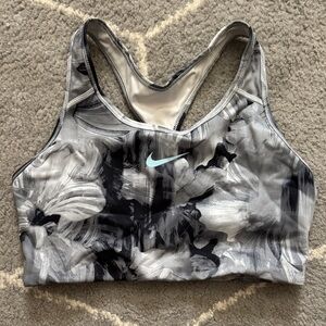 Nike Gray Black Abstract Print Sports Bra with Light Blue Swoosh